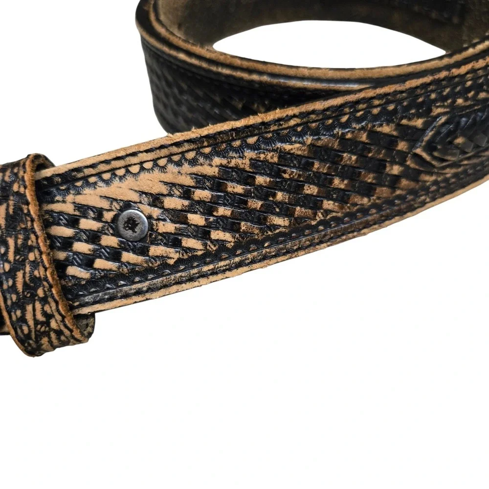 Crumrine Western Belt Buckle  Cowboy Till Death Silver Creek Belt Black 36‎